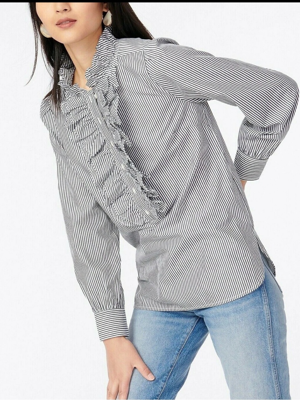J. Crew Black and White Striped Ruffle Front Button-Down Blouse